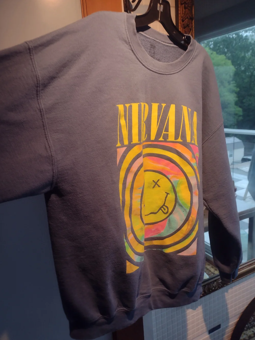 NIRVANA Gray Crewneck Sweatshirt with Yellow & Multicolor Smiley Graphic